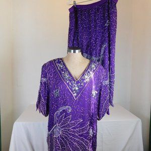Tan Chho Women Purple Tunic Skirt Set Beaded 100% Pure Silk Size 2X Lined FLAW